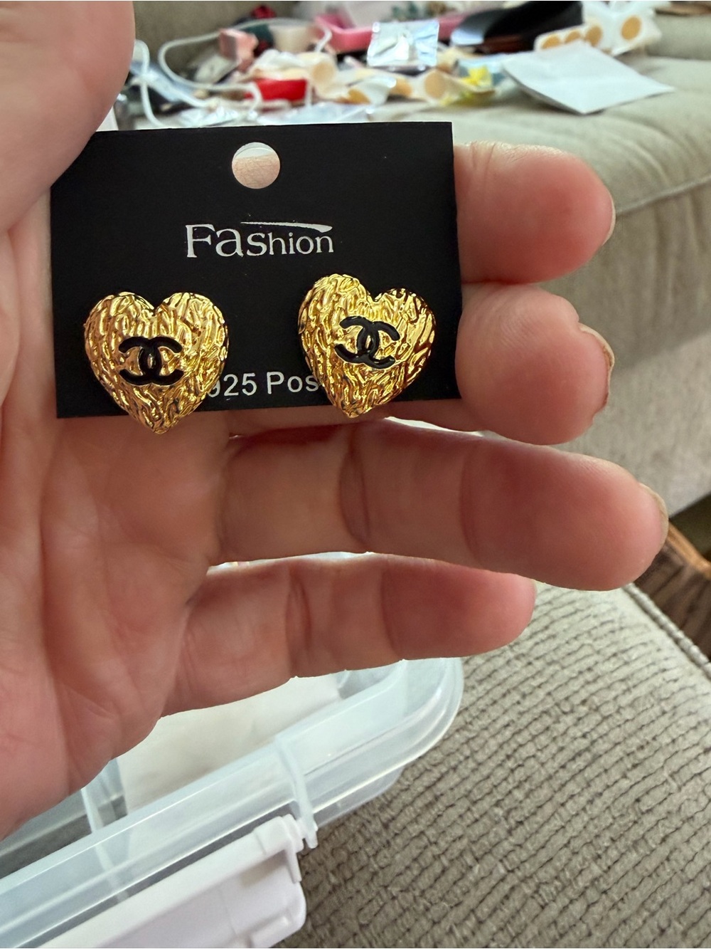 Gold Heart Stud Earrings with Black Accent, fashion jewelry - Picture 7 of 8
